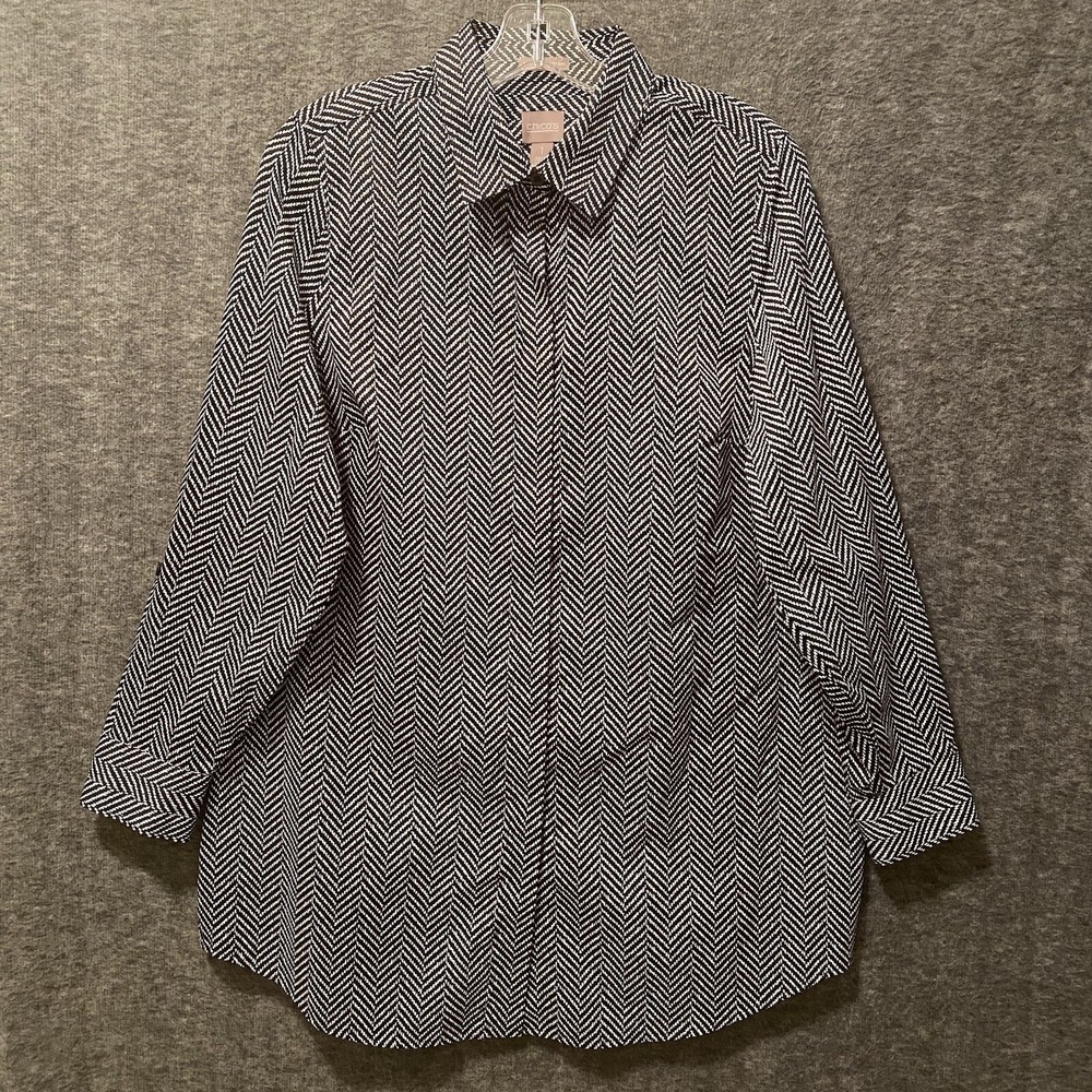 Chicos Shirt Womens 1 Medium Black White Herringbone Roll Tab Button Top‎ Office